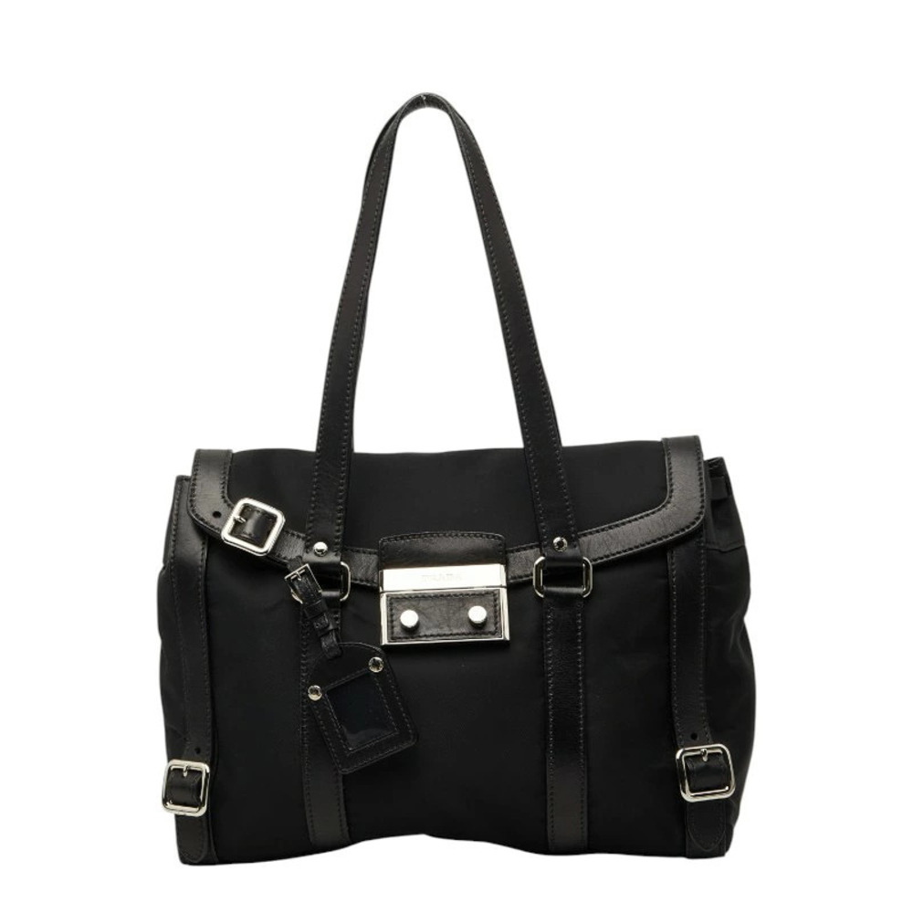 Prada Triangle Plate Flap Shoulder Bag Black Leather